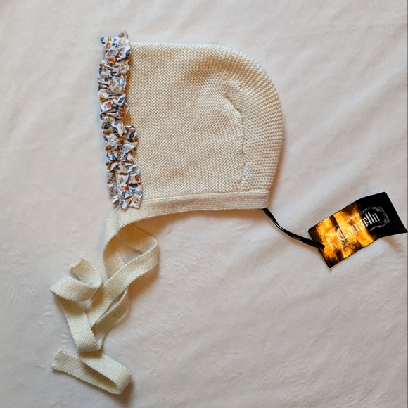 NWT CAPPELL Wool Acrylic Petite Floral Ruffle Trim Ivory Bonnet 9m - Picture 2 of 7